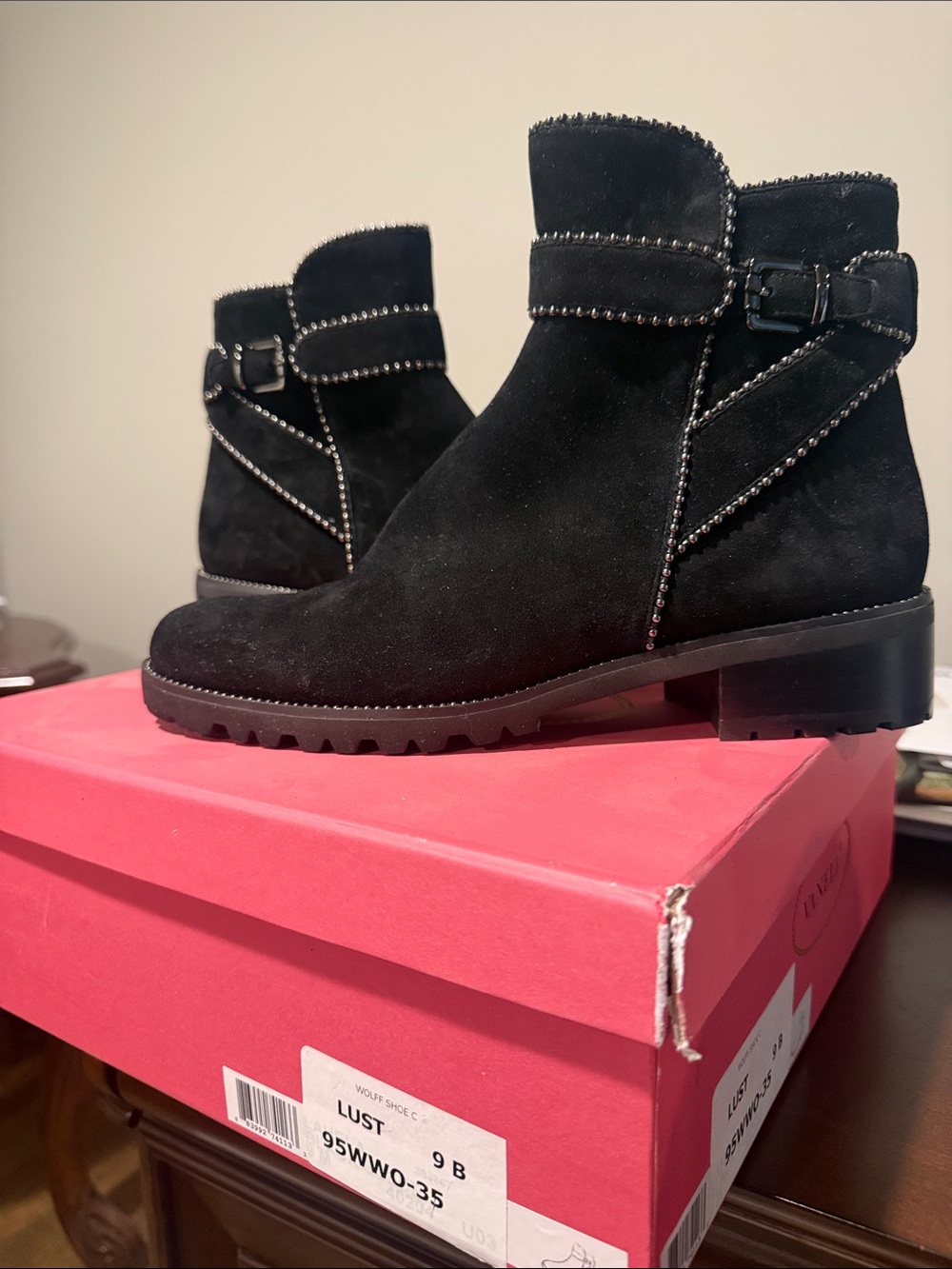 Vaneli Black Suede Ankle Boots with Studded Trim
